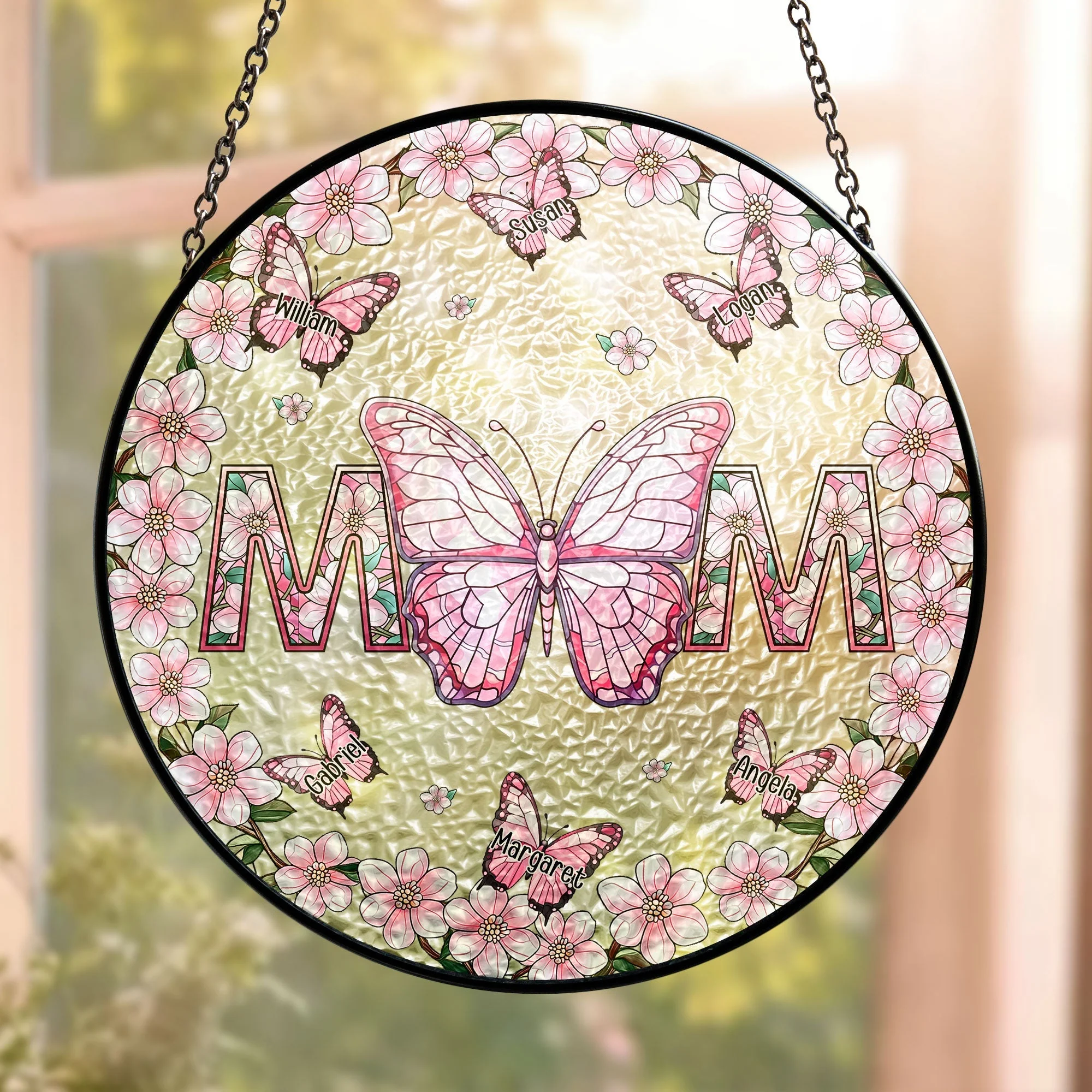 Mom And Butterflies - Personalized Stained Glass Window Hanging Suncatcher - Gift For Mom, Grandma, Mother's Day | NA94