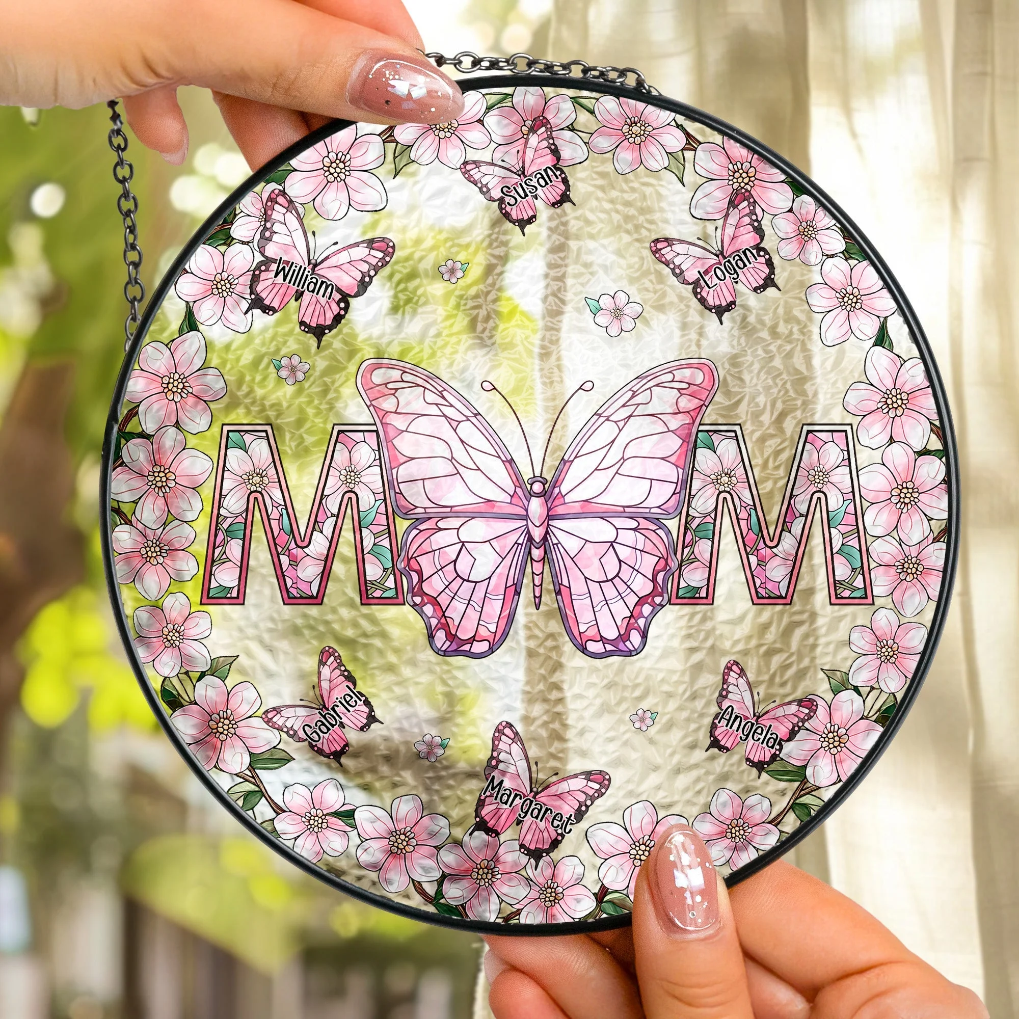 Mom And Butterflies - Personalized Stained Glass Window Hanging Suncatcher - Gift For Mom, Grandma, Mother's Day | NA94 - Image 2