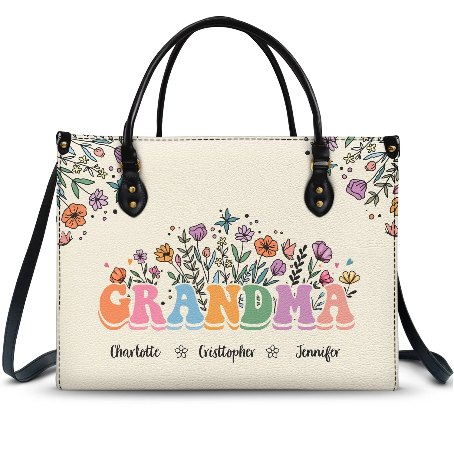 Mom Grandma Floral  - Personalized Leather Bag - Gift For Mother, Grandma, Grandmother, Mother's Day | NA94