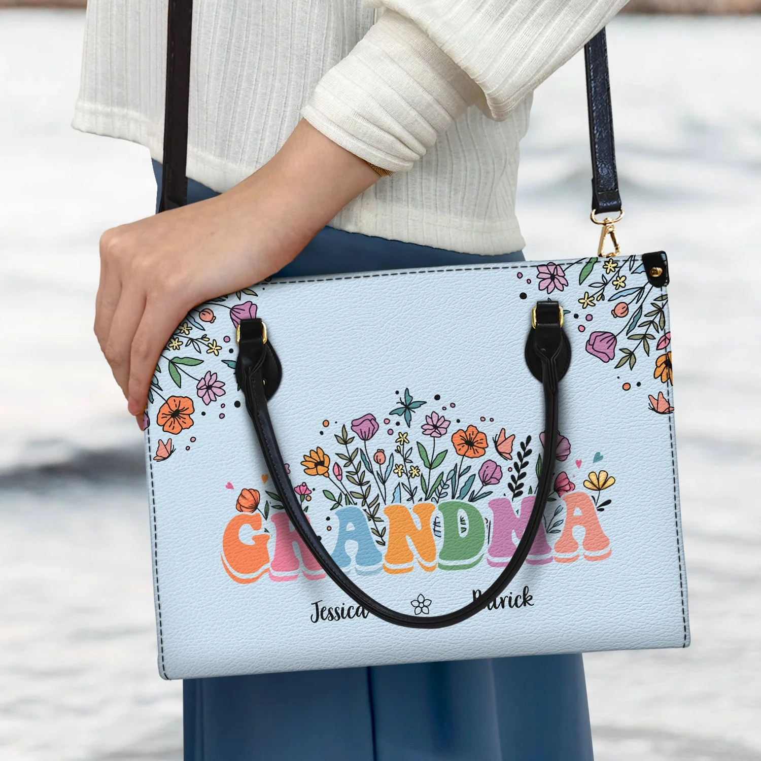 Mom Grandma Floral  - Personalized Leather Bag - Gift For Mother, Grandma, Grandmother, Mother's Day | NA94 - Image 3