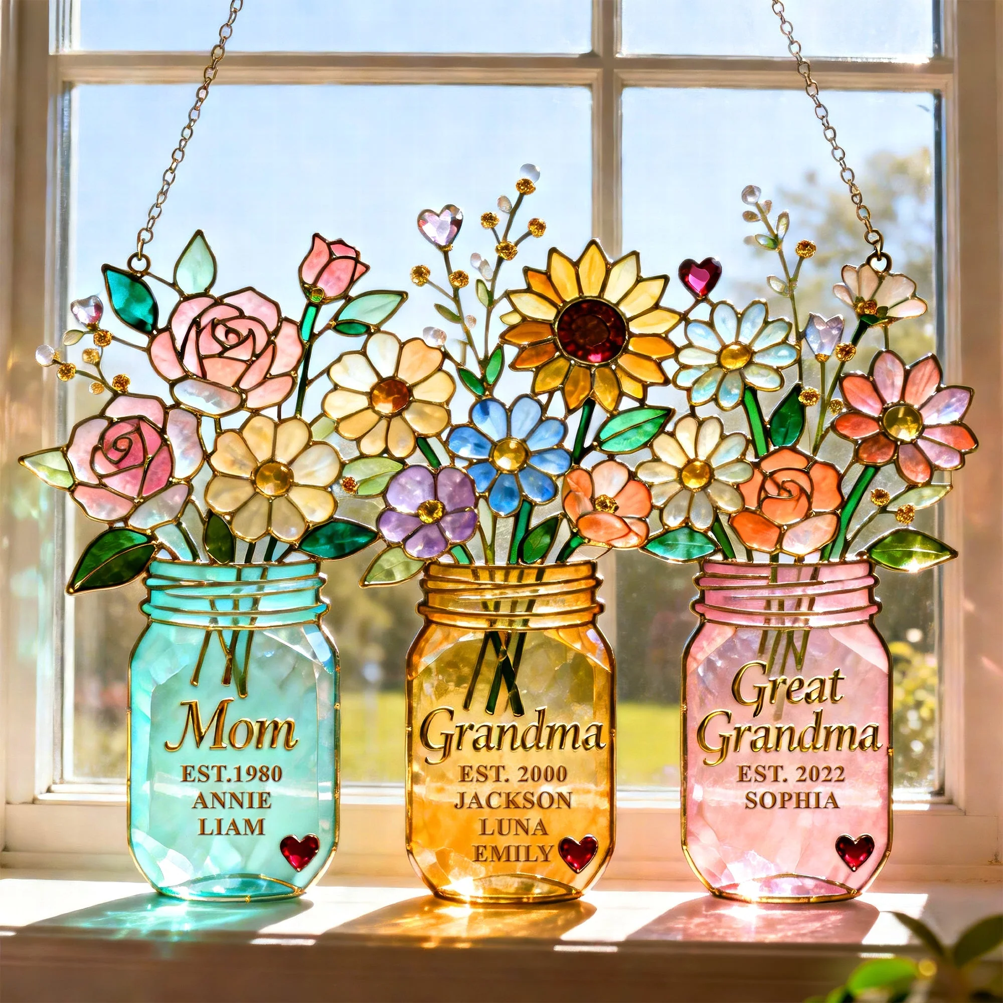 Mom & Grandma Floral - Personalized Window Hanging Suncatcher - Gift For Mom, Mother's Day HN02