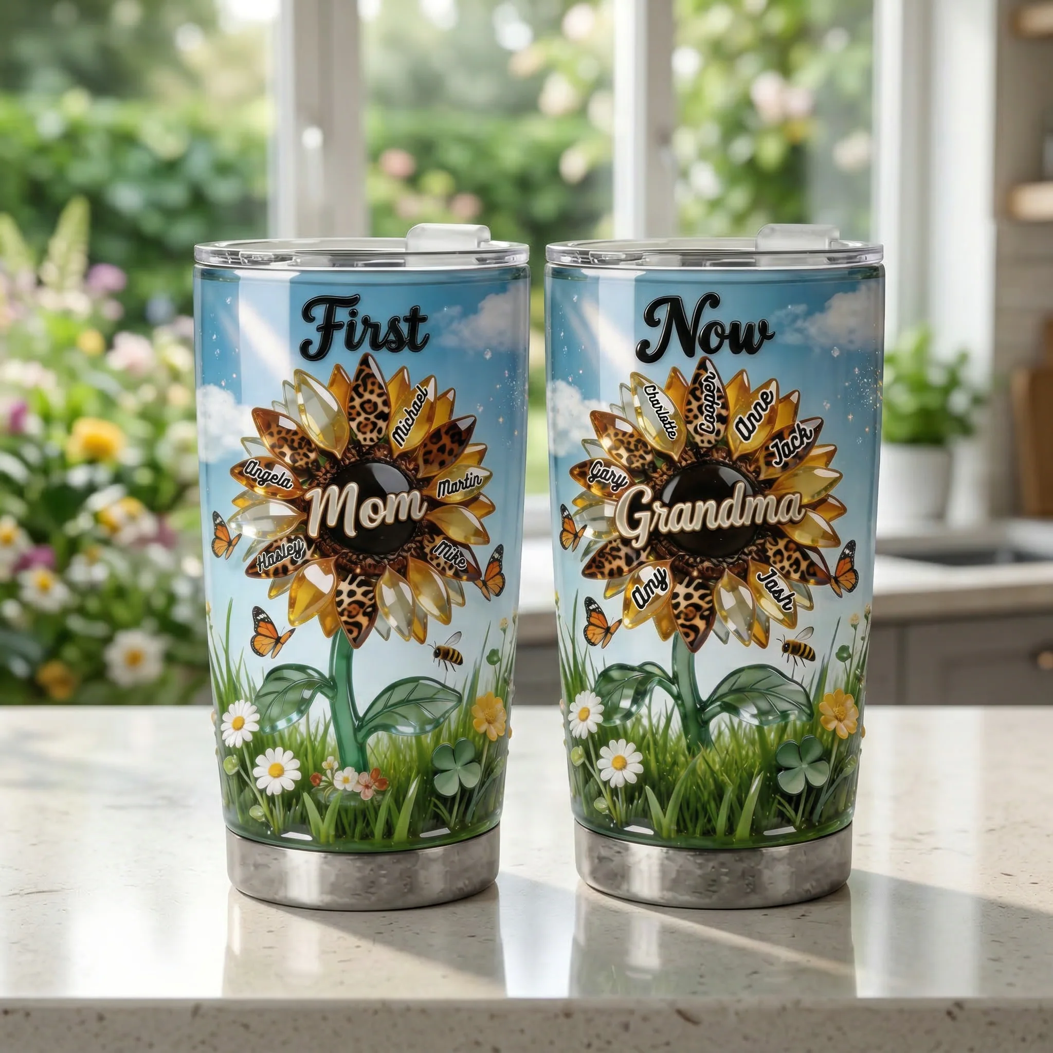 Mom To Grandma Sunflower - Personalized Tumbler - Gift For Mom, Grandma