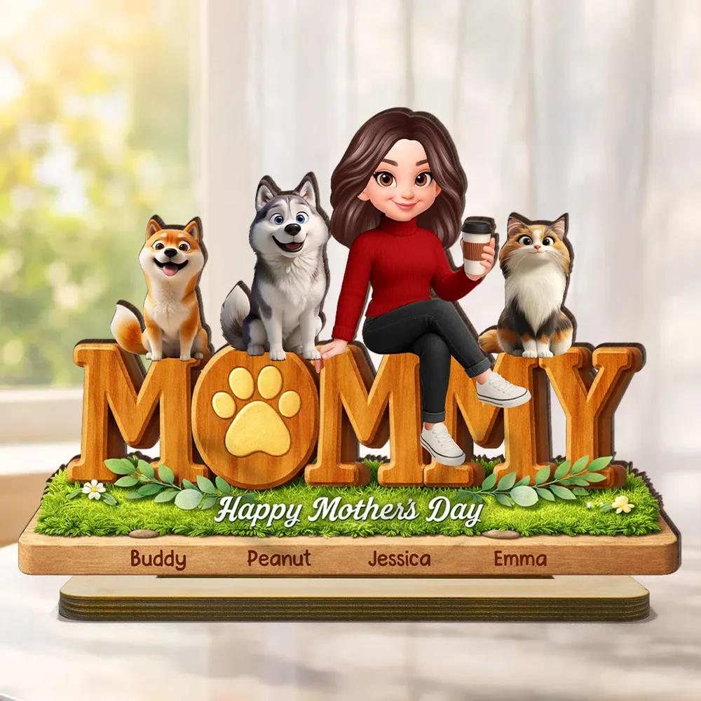 Mommy Dog Cat Happy Mother's Day - Personalized Wooden Plaque - Gift For Pet Mom HN02