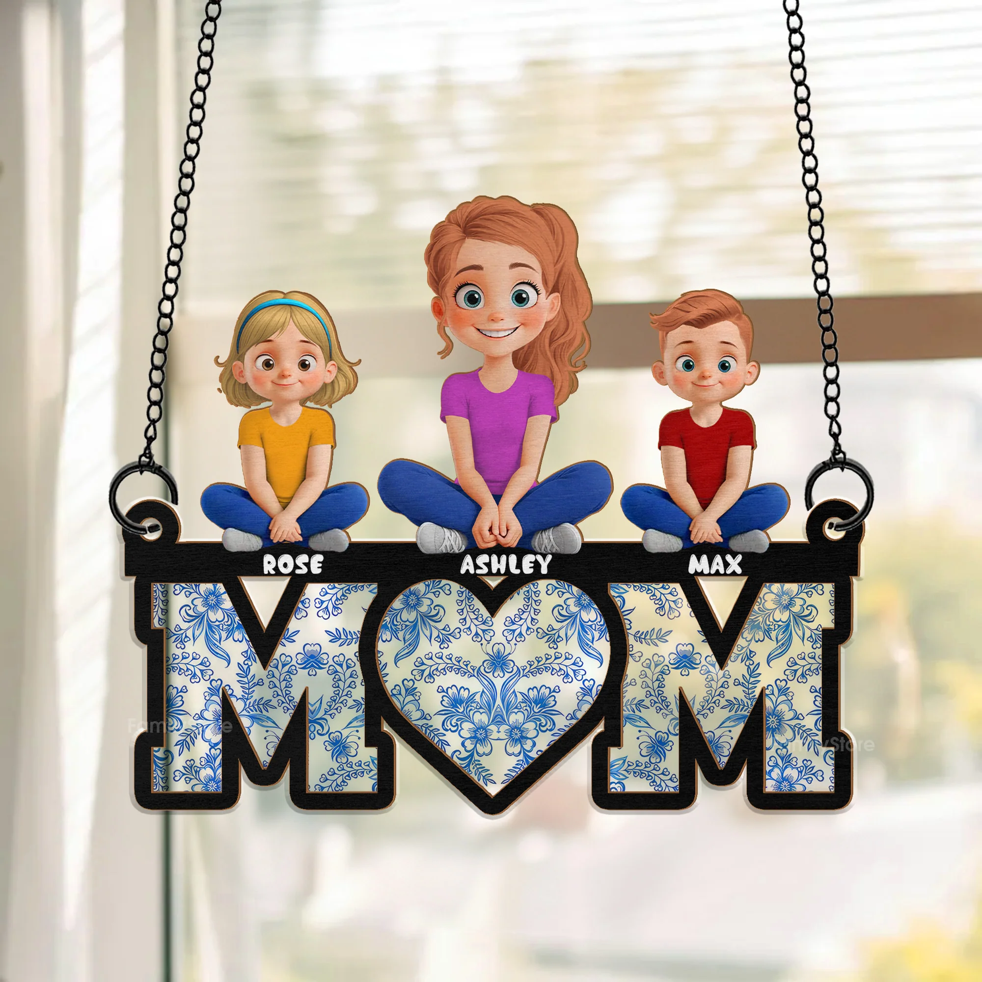 Mother And Daughter Sitting Together Blue Flowers Pattern - Personalized Window Hanging Window Hanging Suncatcher Ornament - Gift For Mom, Grandma, Mother's Day | GR24 NA94
