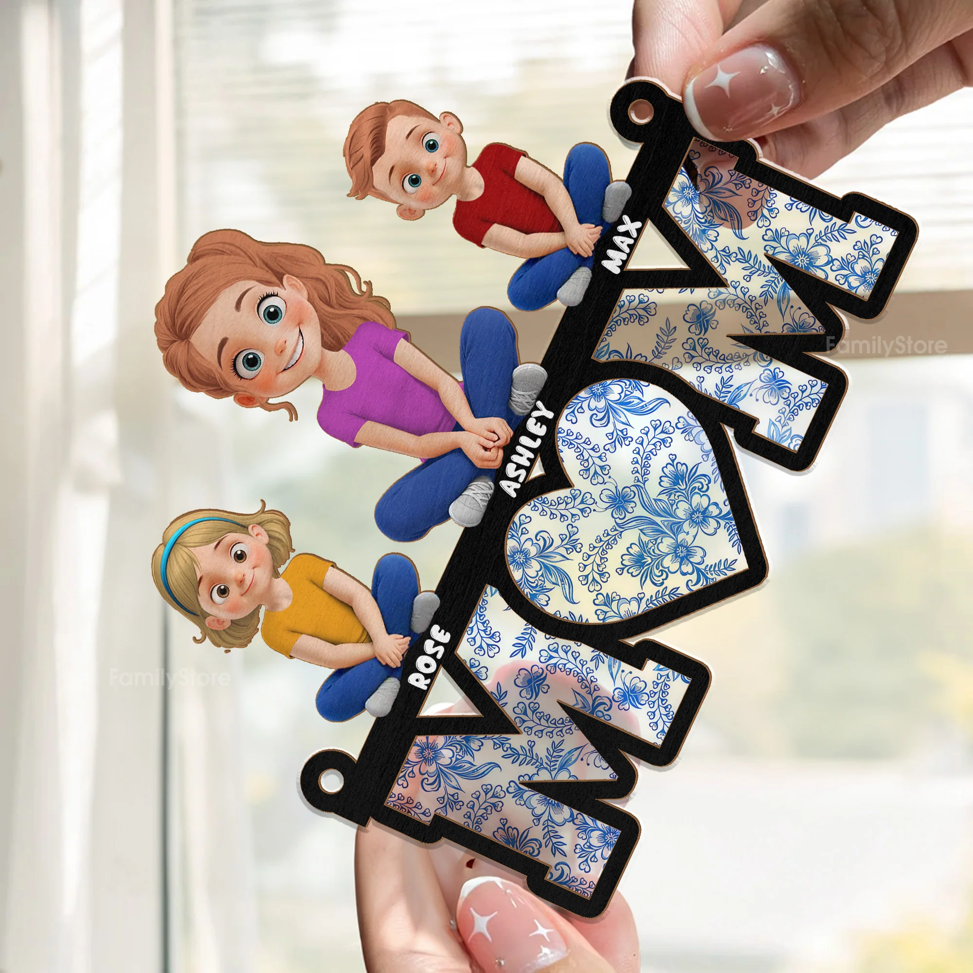 Mother And Daughter Sitting Together Blue Flowers Pattern - Personalized Window Hanging Window Hanging Suncatcher Ornament - Gift For Mom, Grandma, Mother's Day | GR24 NA94 - Image 2