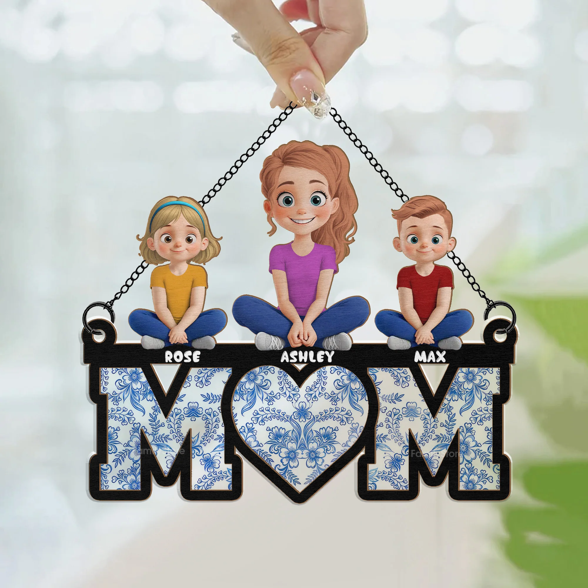 Mother And Daughter Sitting Together Blue Flowers Pattern - Personalized Window Hanging Window Hanging Suncatcher Ornament - Gift For Mom, Grandma, Mother's Day | GR24 NA94 - Image 3