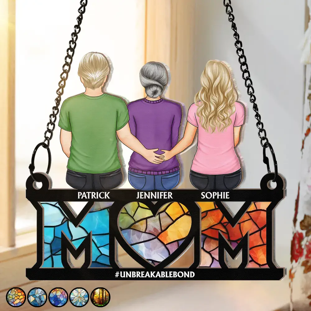 Mother & Children Sitting Bakside Unbreakable Bond - Personalized Window Hanging Window Hanging Suncatcher Ornament - Gift For Mom, Mother's Day | GR24 NA94