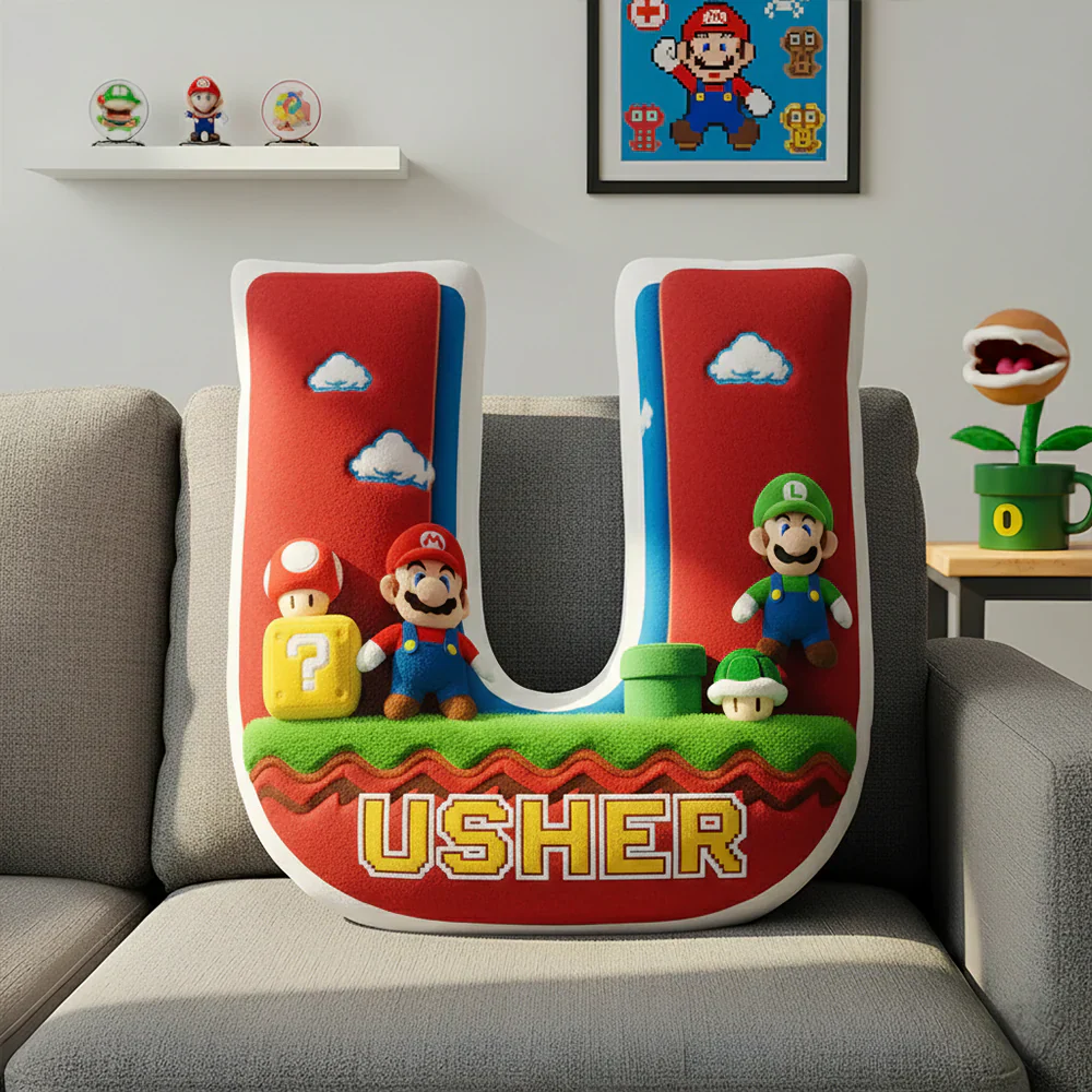 Mrio Adventure With Your Alphabet - Personalized Custom Shaped Pillow - Gifts For Kids