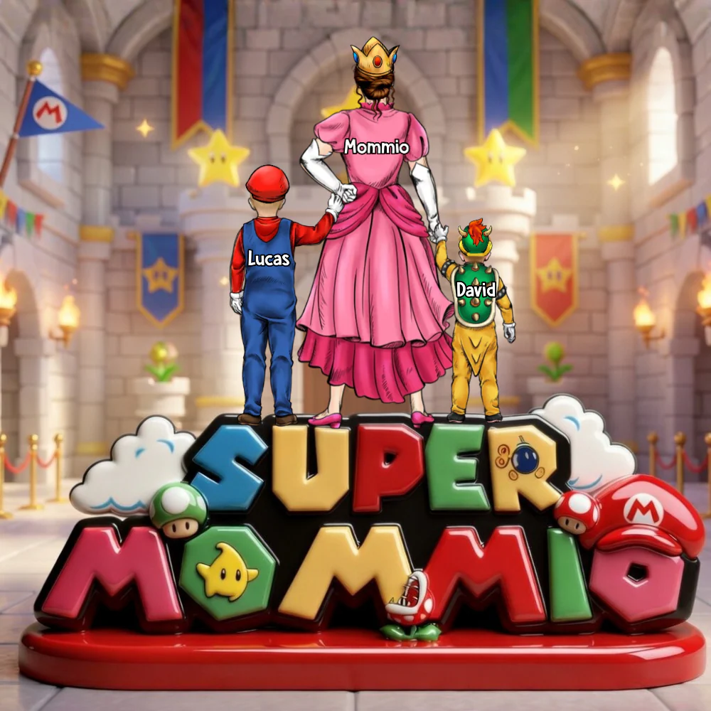 Mrio Super Mommio With Kids - Personalized Shape Acrylic Plaque - Gift For Mom