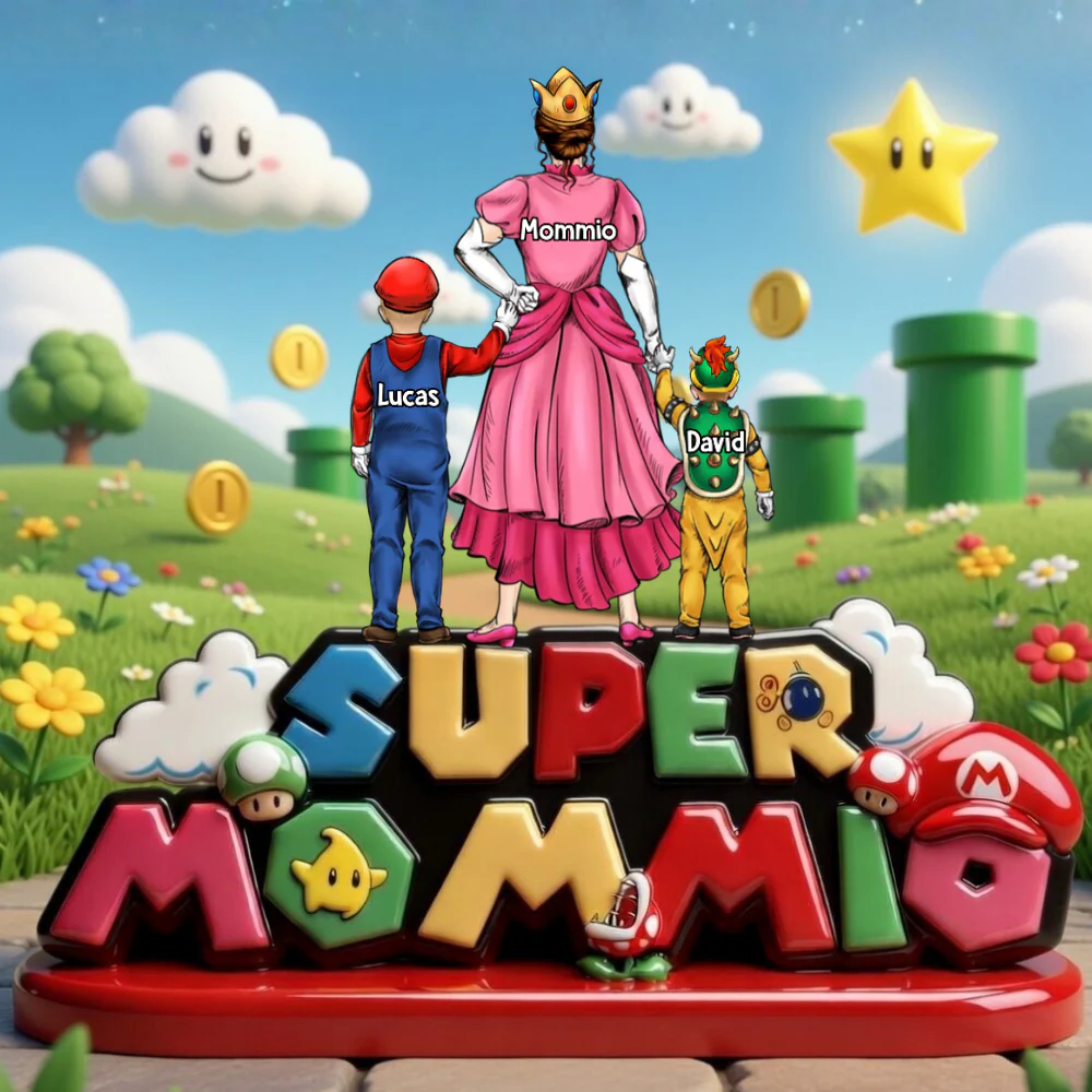 Mrio Super Mommio With Kids - Personalized Shape Acrylic Plaque - Gift For Mom - Image 2