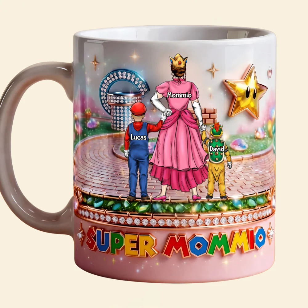Mrio Super Mommio With Kids - Personalized White Mug - Gift For Mom - Image 3