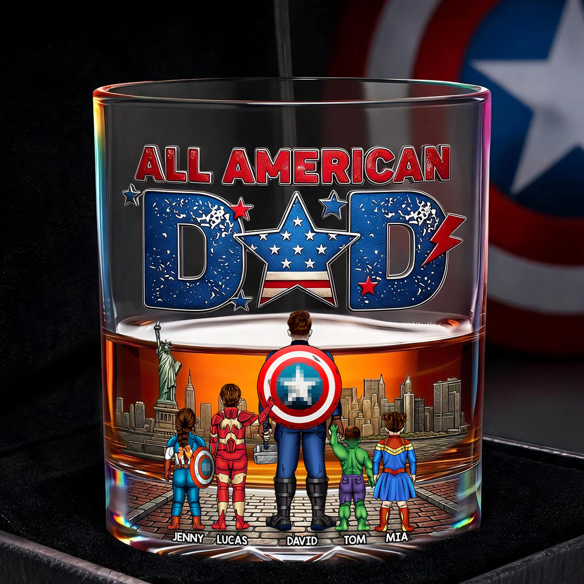 MRVL All American Dad - Personalized Whiskey Glass - Gift For Dad
