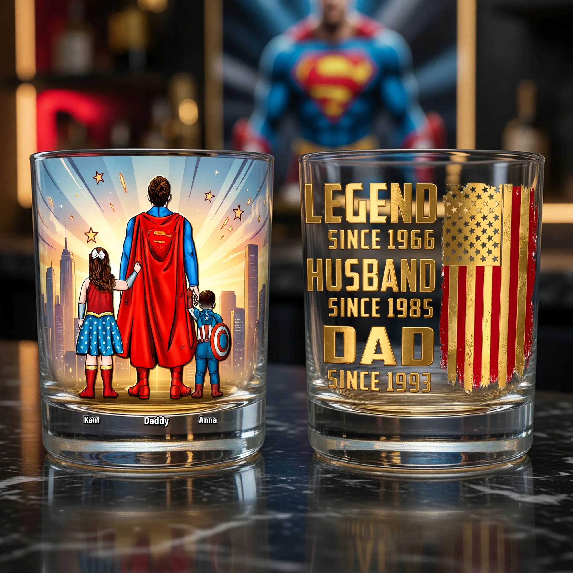 MRVL Strong Dad And Kids Legend - Personalized Whiskey Glass - Gift For Dad
