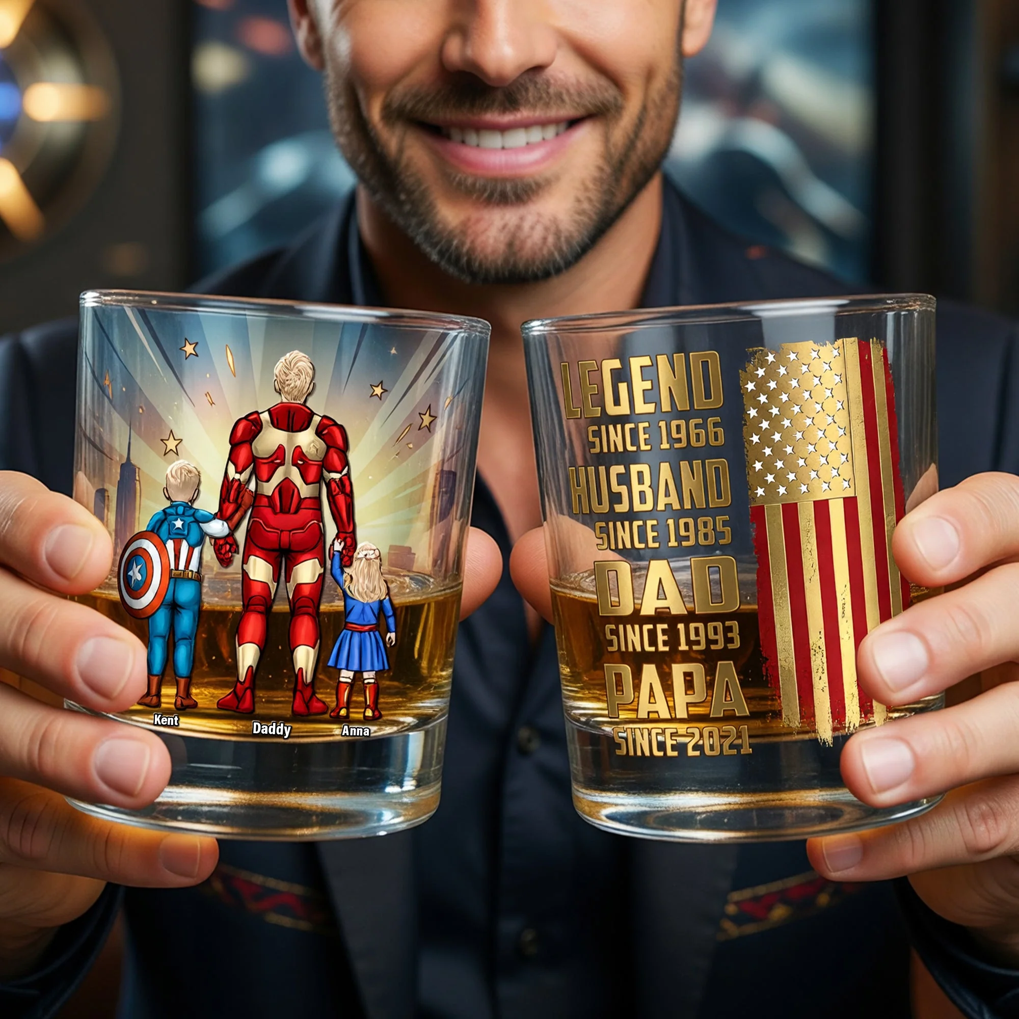 MRVL Strong Dad And Kids Legend - Personalized Whiskey Glass - Gift For Dad - Image 2