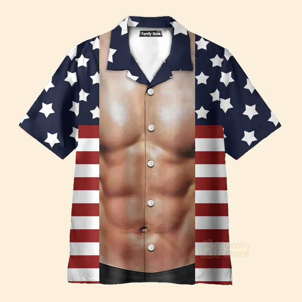 Funny 4th of July Hawaiian Shirt Muscle Flag - Men's Costume Hawaiian Shirt