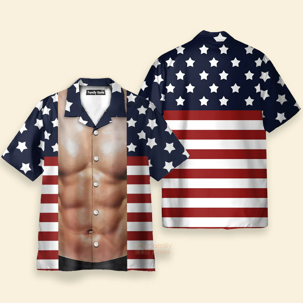 Funny 4th of July Hawaiian Shirt Muscle Flag - Men's Costume Hawaiian Shirt - Image 2