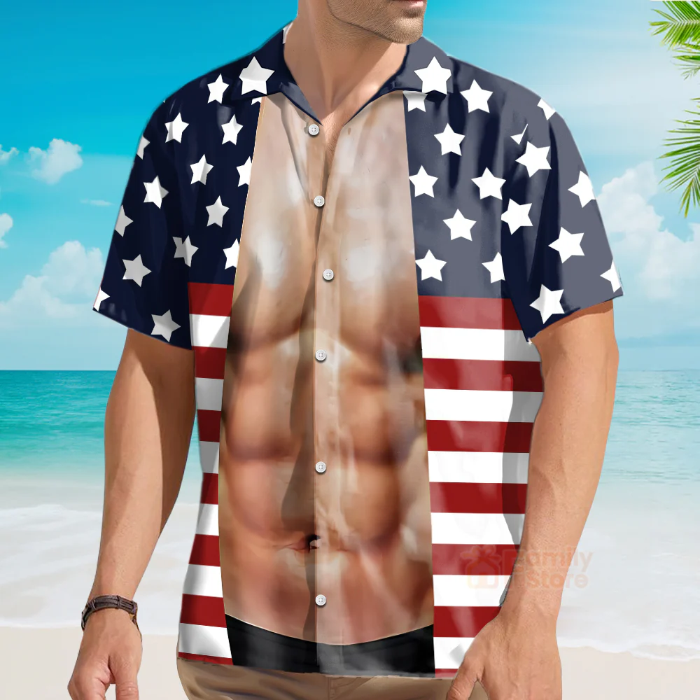 Funny 4th of July Hawaiian Shirt Muscle Flag - Men's Costume Hawaiian Shirt - Image 3