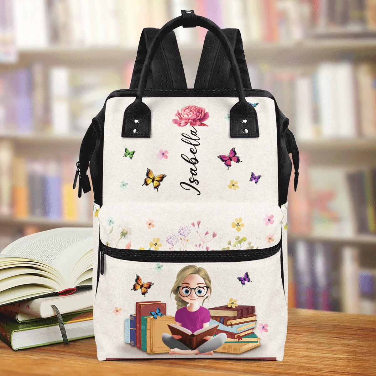 My Books & Birth Flower - Personalized Duckbilled Backpack - Gift For Book Lovers, Readers, Women | CLB2 HN02