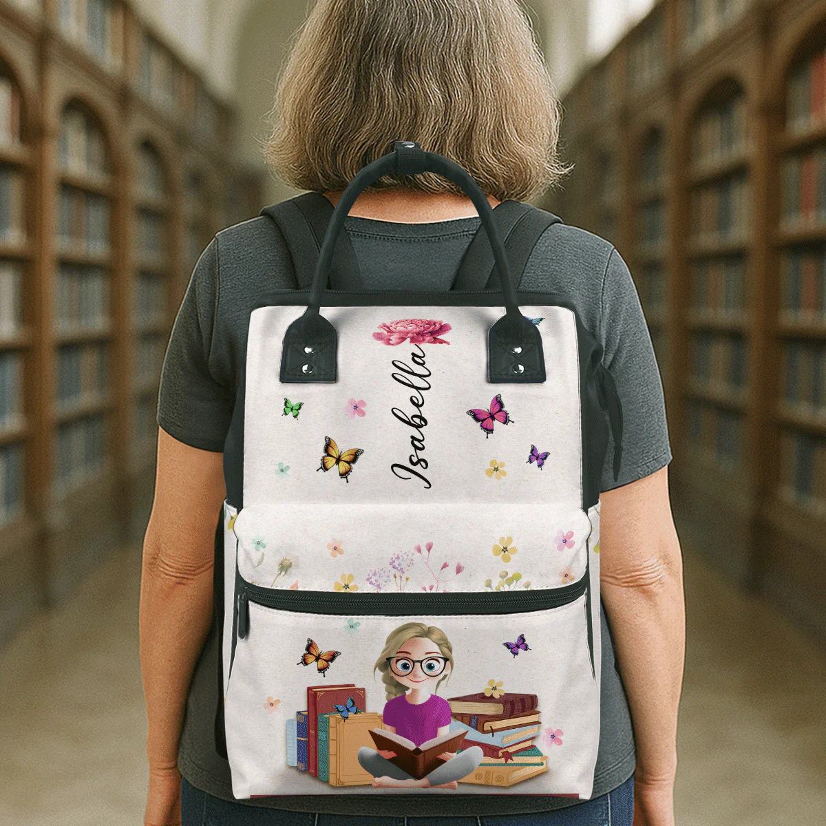 My Books & Birth Flower - Personalized Duckbilled Backpack - Gift For Book Lovers, Readers, Women | CLB2 HN02 - Image 3