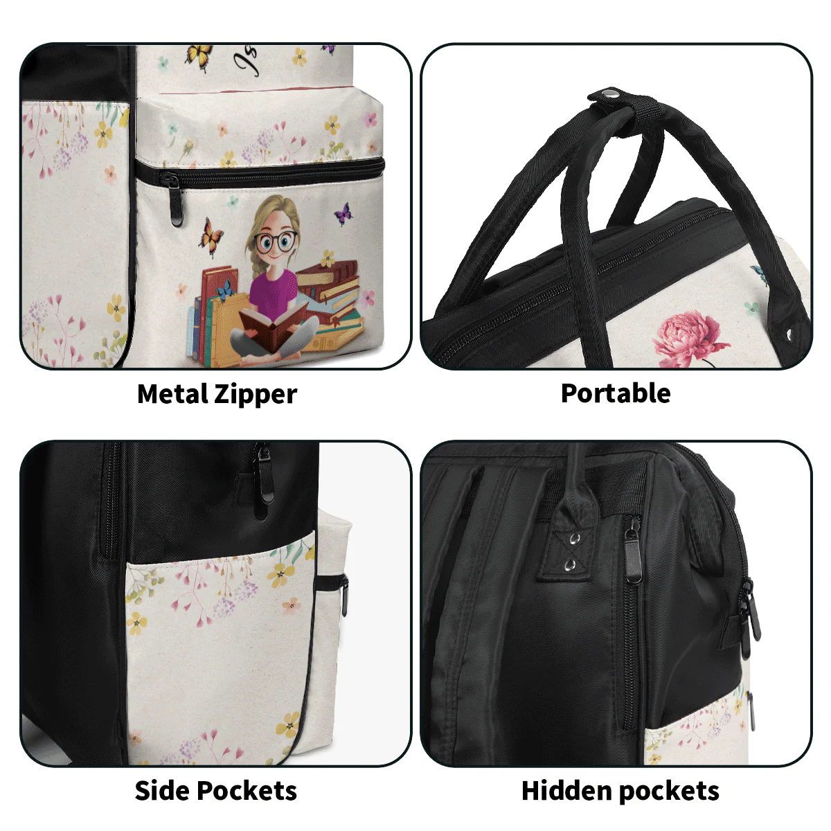 My Books & Birth Flower - Personalized Duckbilled Backpack - Gift For Book Lovers, Readers, Women | CLB2 HN02 - Image 6