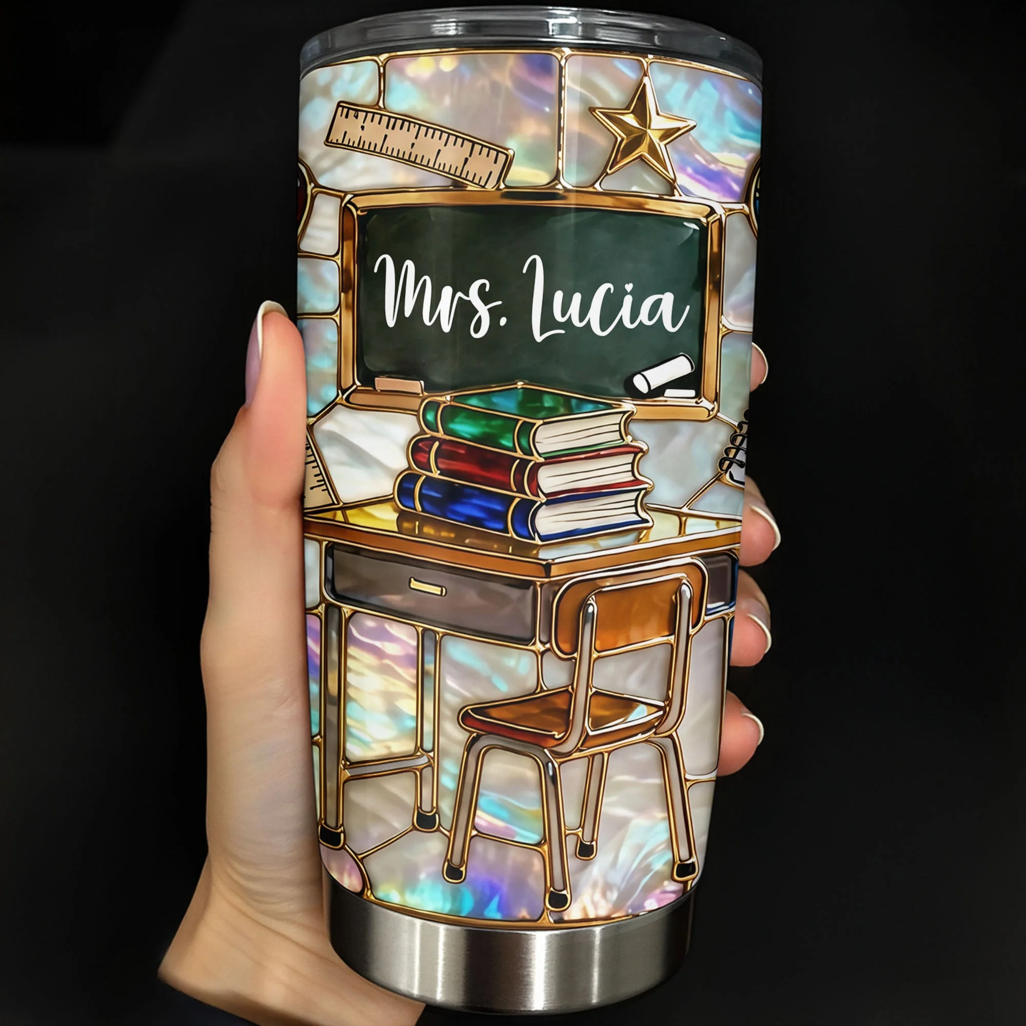 My Classroom With Books And Chalkboard - Personalized Stained Glass Tumbler - Gift For Teacher