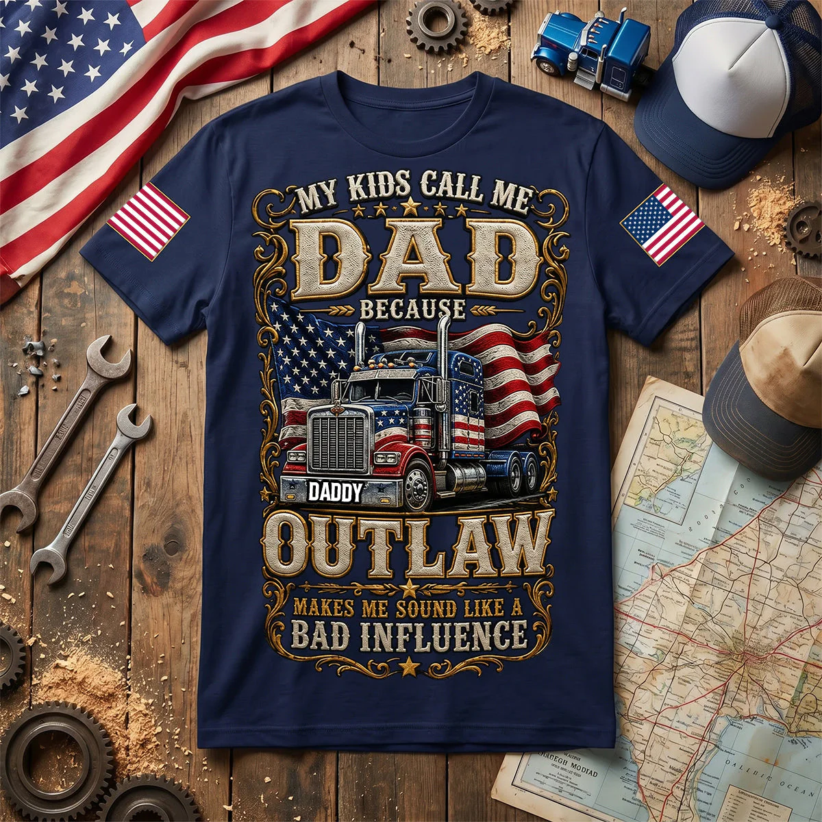 My Kids Call Me Dad Outlaw Bad Influence Truck - Personalized Shirt - Patriotic Gift For Dad