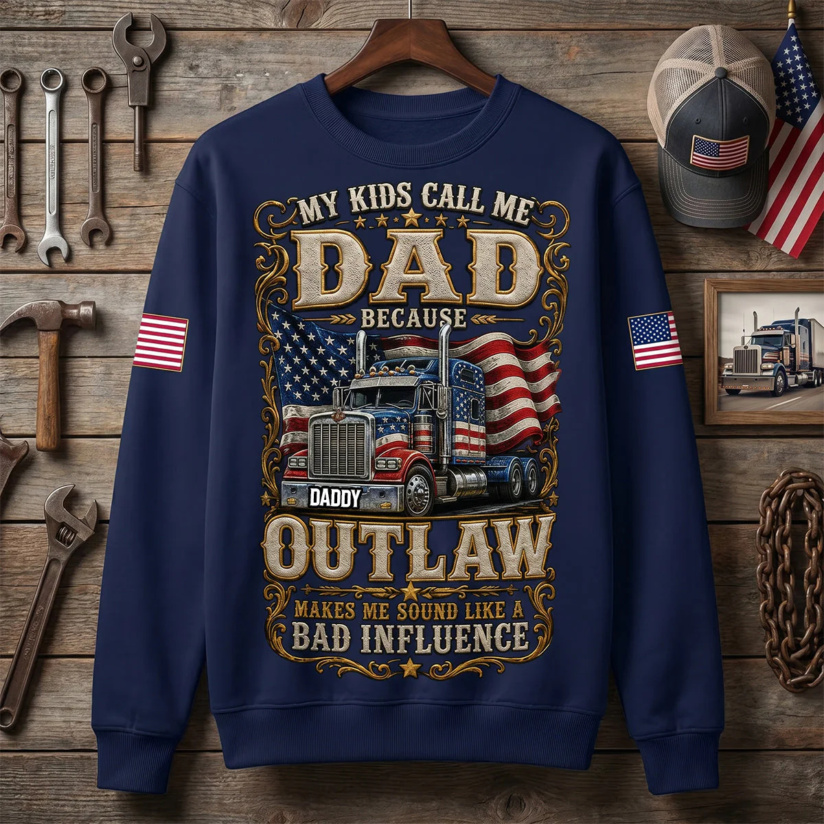 My Kids Call Me Dad Outlaw Bad Influence Truck - Personalized Shirt - Patriotic Gift For Dad - Image 3