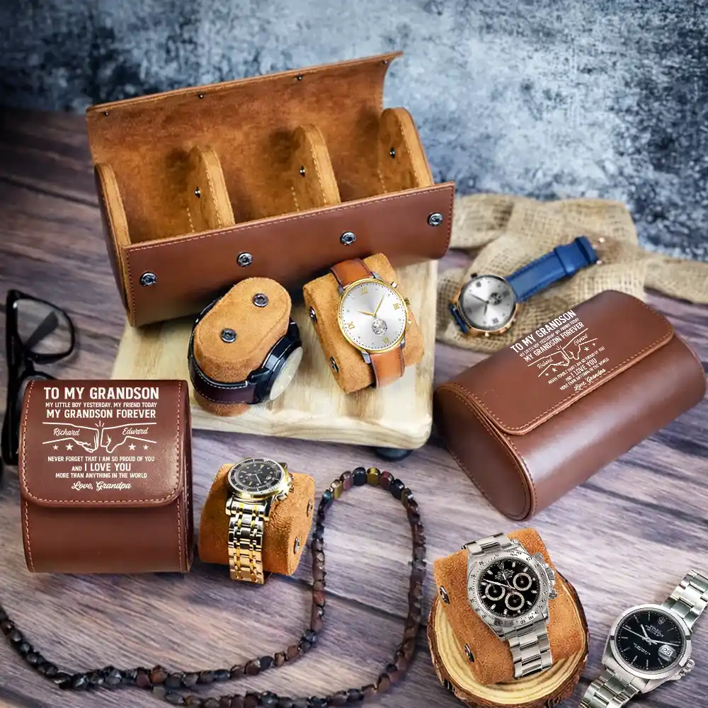 My Little Boy Yesterday My Friend Today My Son Grandson Forever  Fist Bump - Personalized Leather Watch Case - Gifts For Son, Grandson - Image 2