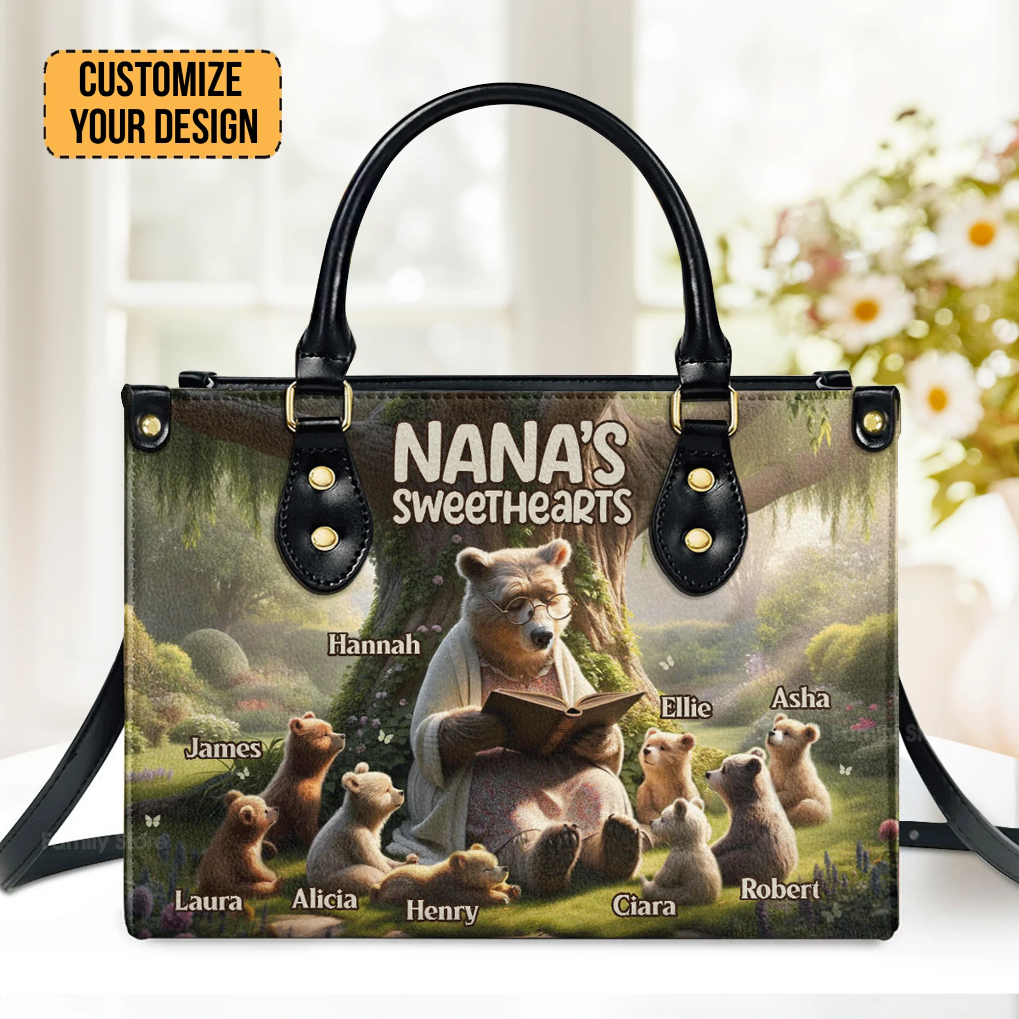 Nana's Sweethearts Bears - Personalized Leather Handbag - Gift For Mom, Grandma - AT4081347