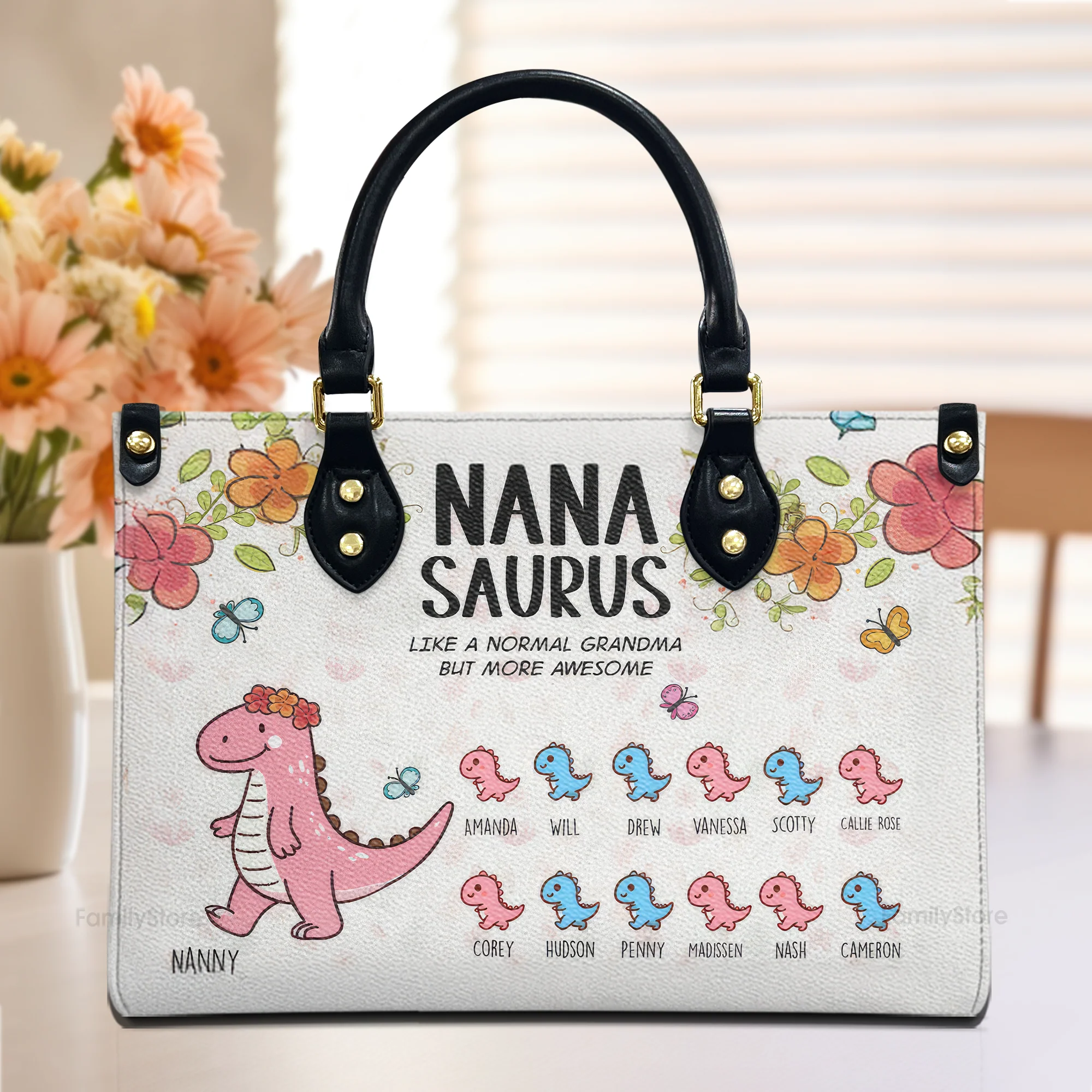 Nanasaurus More Awsome Grandma - Unique Personalized Leather Handbag - Gift For Mom, Grandma - AT4081349