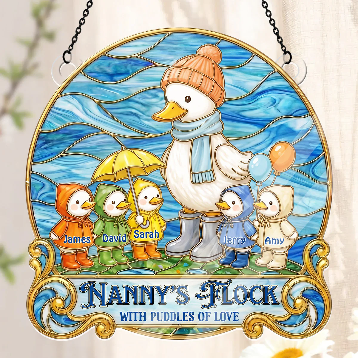 Nanny's Flock With Puddles Of Love - Personalized Window Hanging Acrylic Suncatcher - Gift For Mom, Grandma