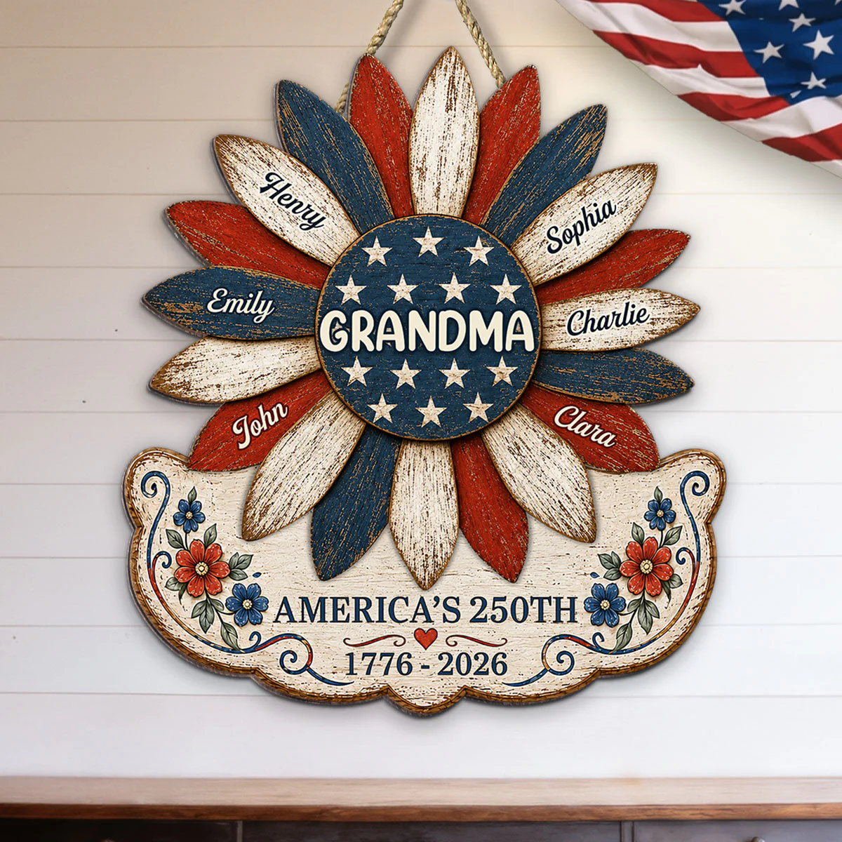 Nation Flag Sunflower America 250th Anniversary Patriotic Decoration- Personalized Wood Sign - Gift For Patriotic Family