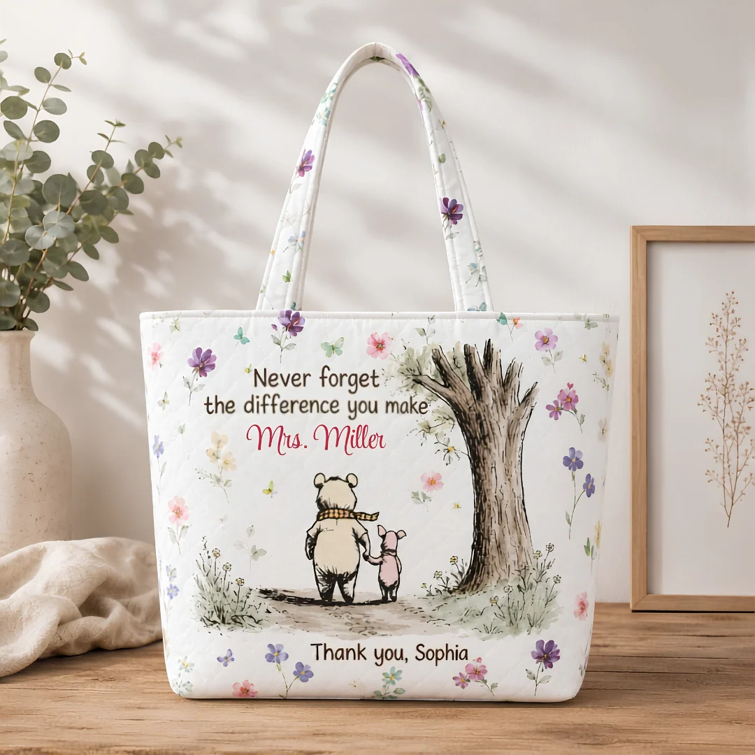 Never Forget The Difference You Make Thank You Teacher Flower - Personalized Quilted Tote Bag - Gift For Teacher - Image 2