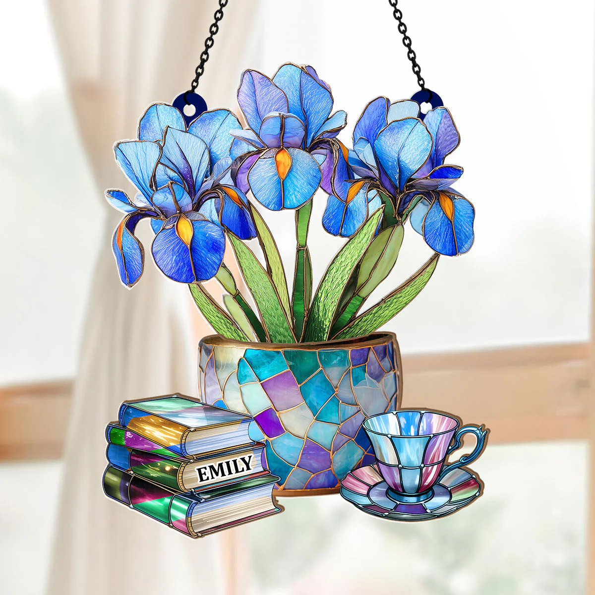 Nostalgic Iris, Books, And Tea - Personalized Window Hanging Suncatcher - Gift For Her, Readers HH01 - Image 5