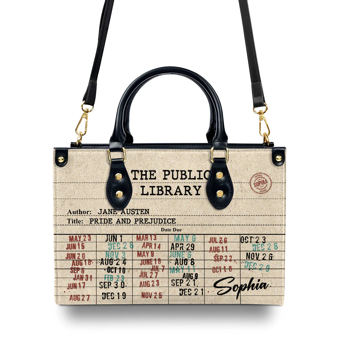 Nostalgic Library Due Date Card - Personalized  Leather Handbag - Gift For Reader, Book Lover | HH01 - Image 5