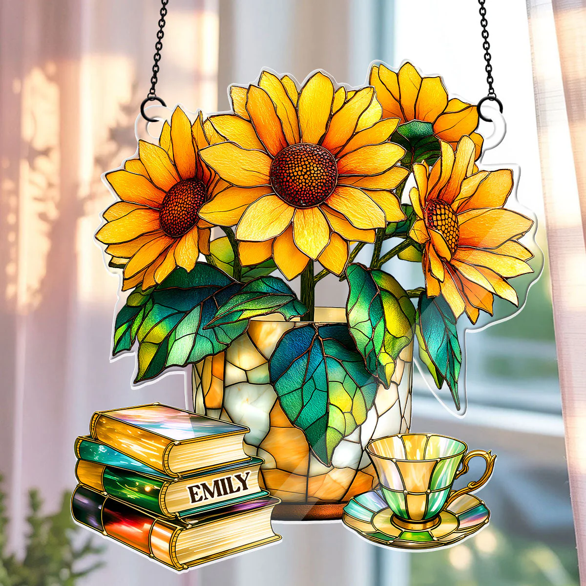 Nostalgic Sunflowers, Books, And Tea - Personalized Acrylic Suncatcher - Gift For Book Lovers - Image 2