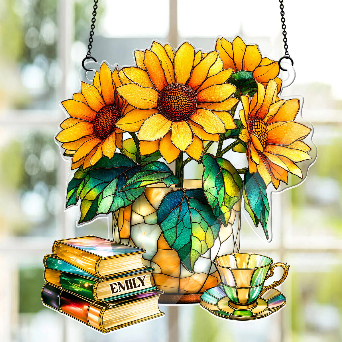 Nostalgic Sunflowers, Books, And Tea - Personalized Acrylic Suncatcher - Gift For Book Lovers - Image 3