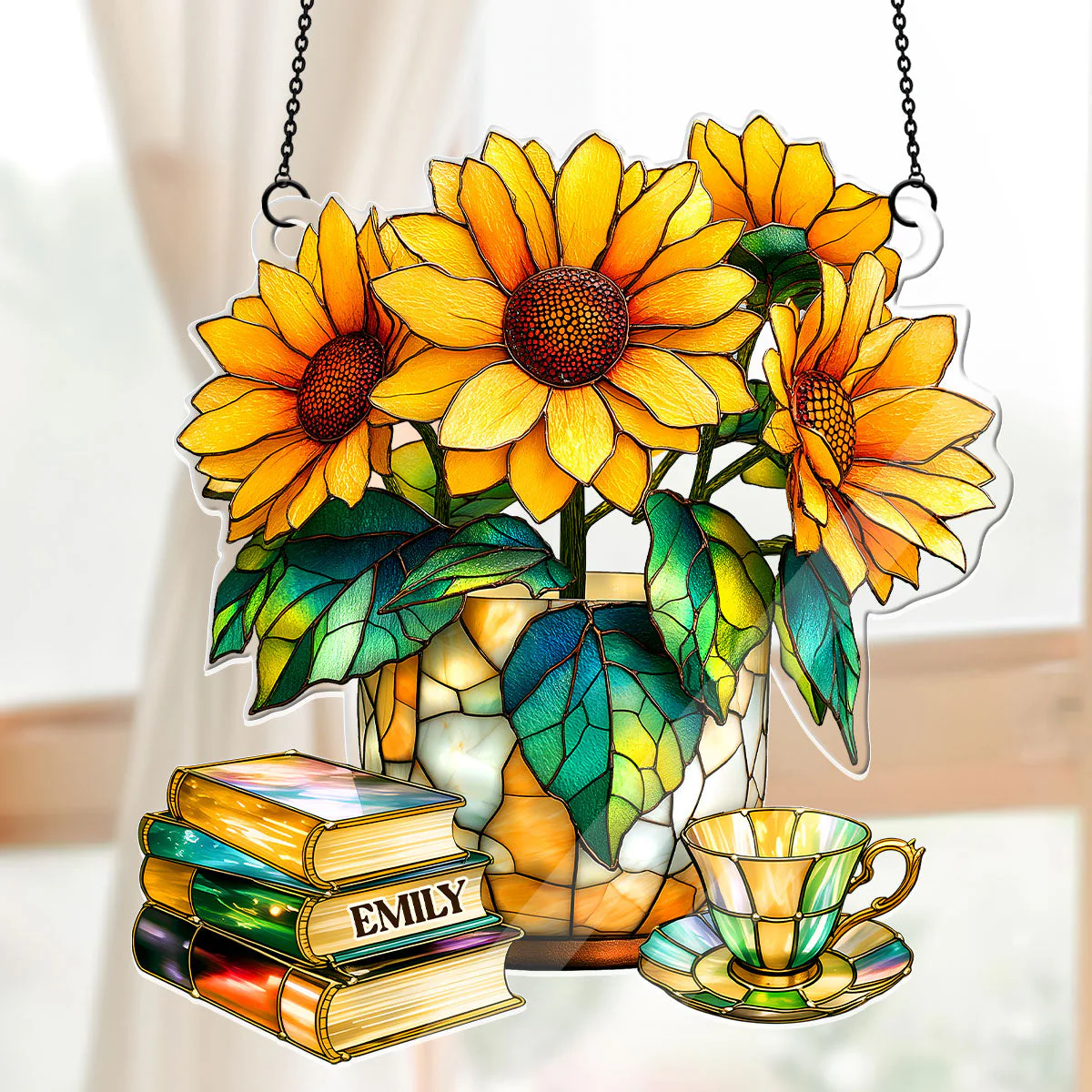 Nostalgic Sunflowers, Books, And Tea - Personalized Acrylic Suncatcher - Gift For Book Lovers - Image 4