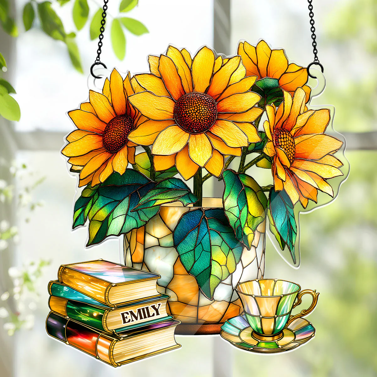 Nostalgic Sunflowers, Books, And Tea - Personalized Acrylic Suncatcher - Gift For Book Lovers - Image 9