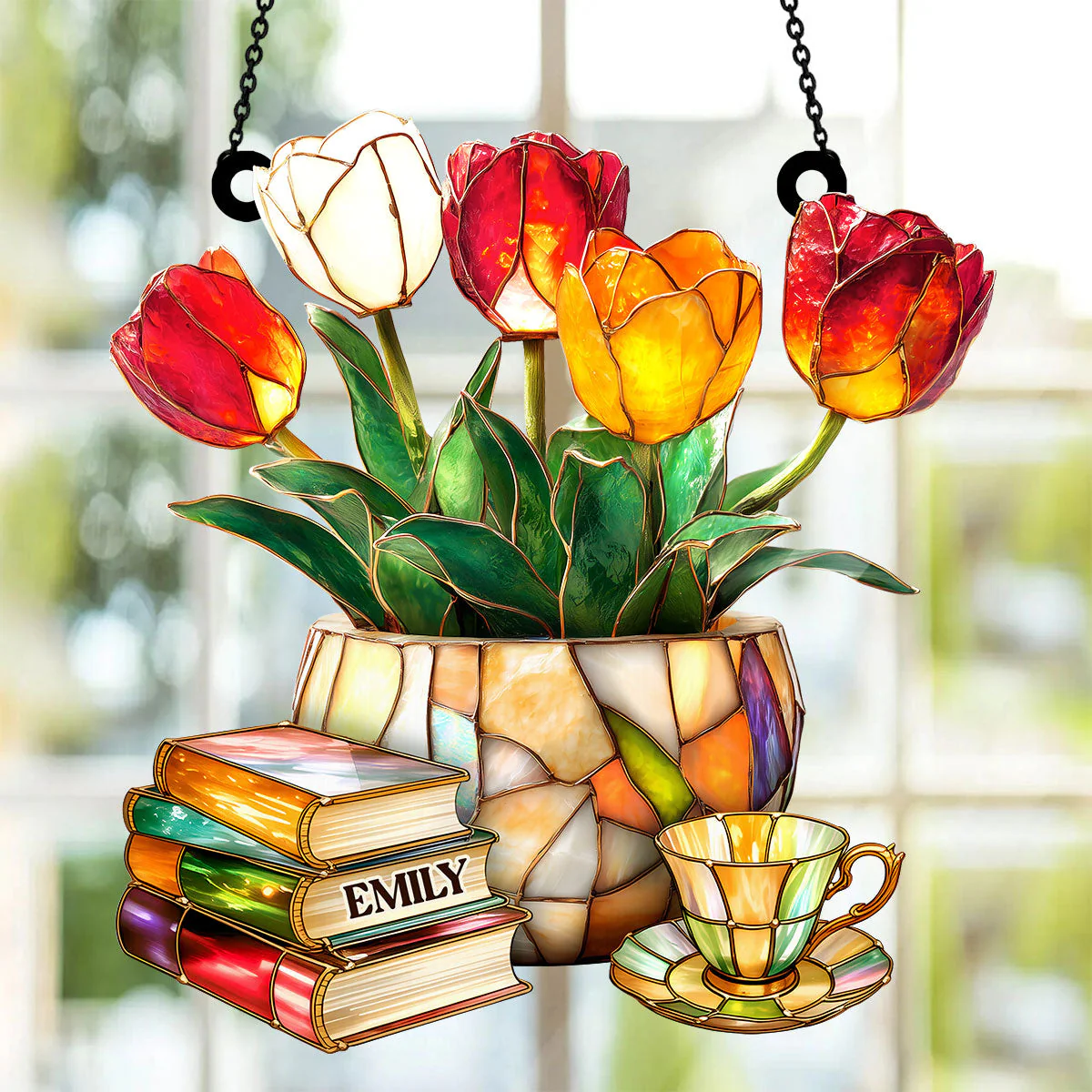 Nostalgic Tulips, Books, And Tea - Personalized Window Hanging Suncatcher - Image 3