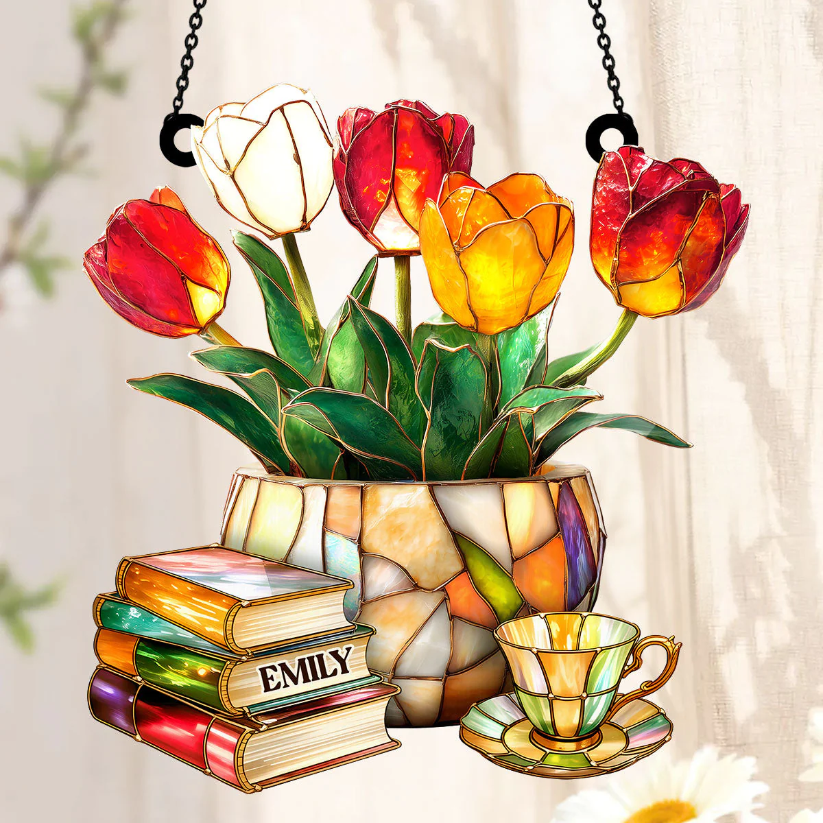Nostalgic Tulips, Books, And Tea - Personalized Window Hanging Suncatcher - Image 4