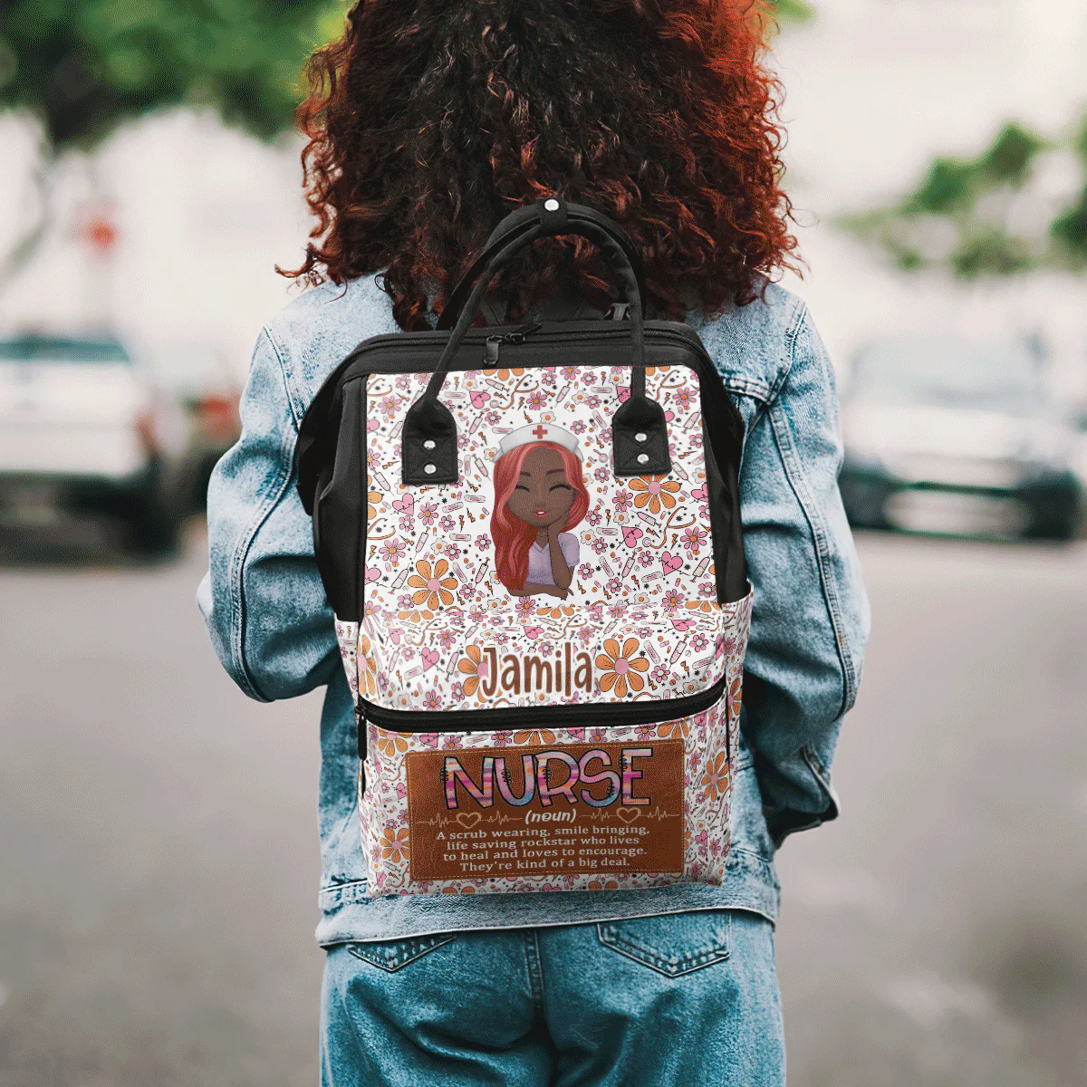 Nurse Definition & Cute Floral - Personalized Duckbilled Backpack - Gift For African American Nurse HH01 - Image 3