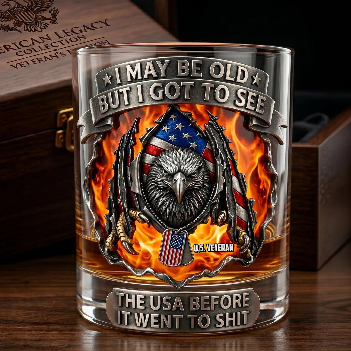 Old Man Veteran Patriotic Eagle Funny Quote - Personalized Whiskey Glass - Gift For Veteran