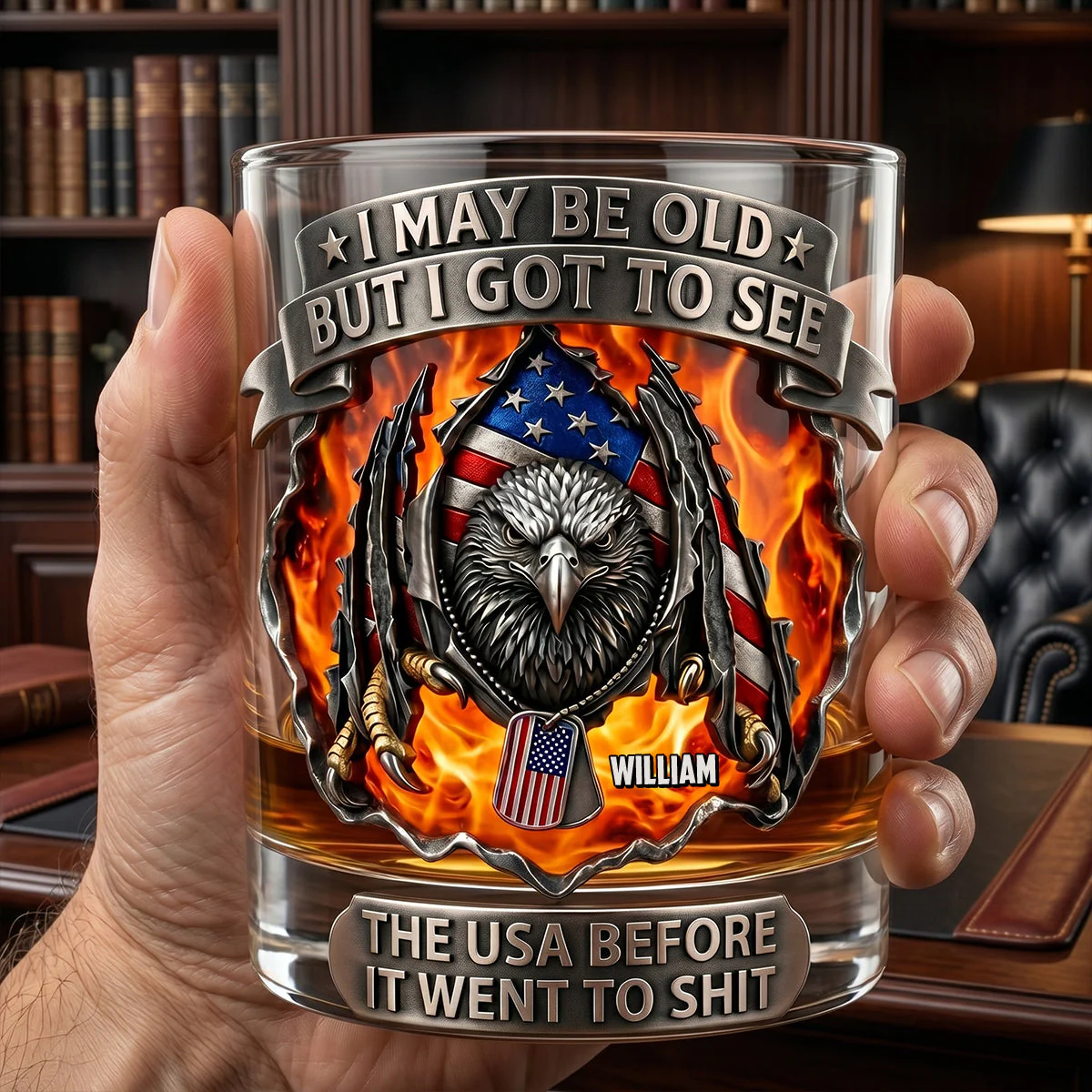 Old Man Veteran Patriotic Eagle Funny Quote - Personalized Whiskey Glass - Gift For Veteran - Image 3