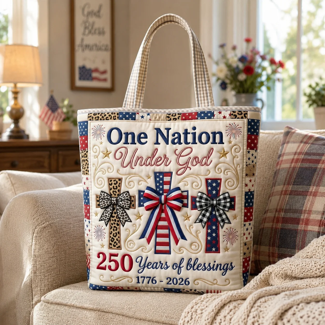One Nation Under God 250 Years Of Blessings USA - Personalized Patriotic Quilted Tote Bag - Gift For Her