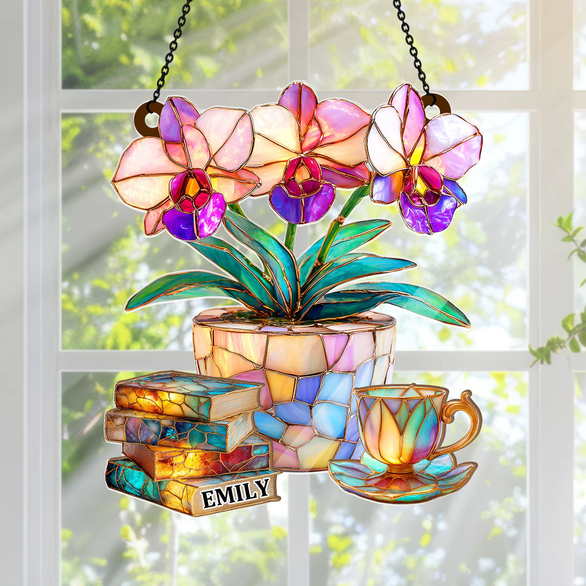 Orchid, Books, And Tea - Personalized Window Hanging Suncatcher - Gift For Her, Readers HH01
