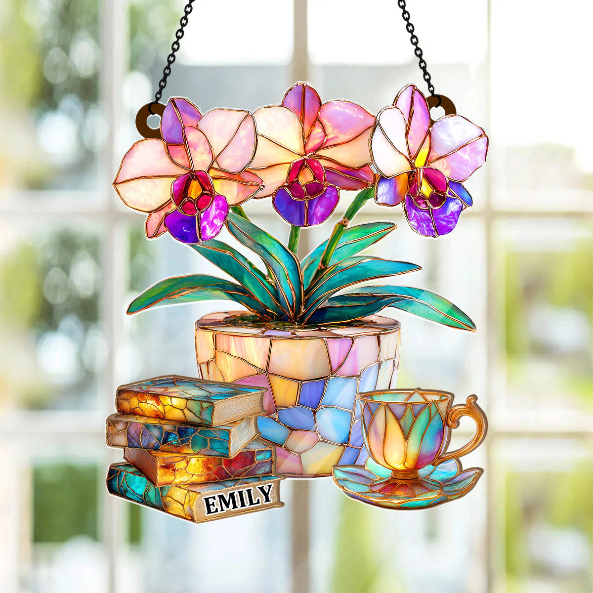 Orchid, Books, And Tea - Personalized Window Hanging Suncatcher - Gift For Her, Readers HH01 - Image 2