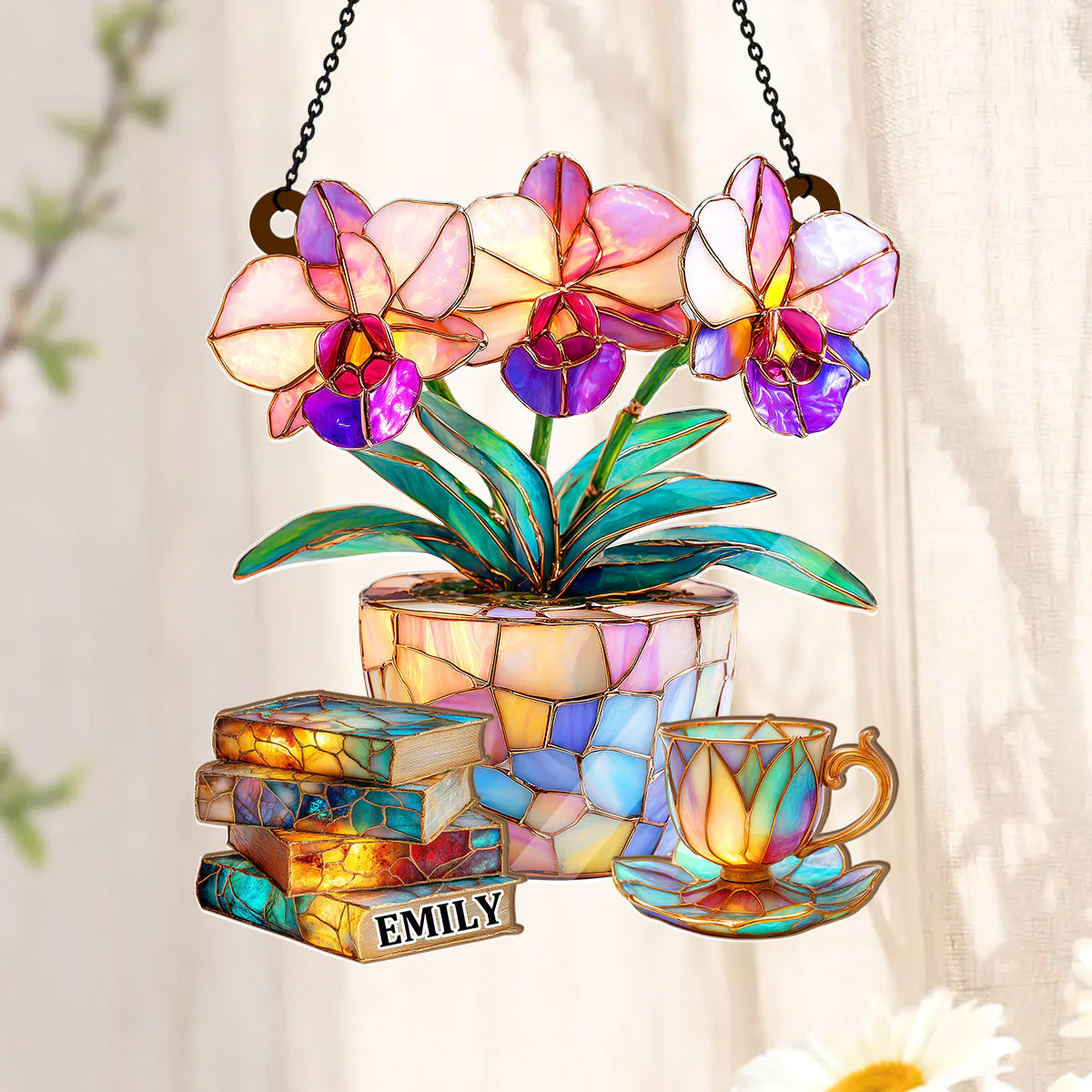 Orchid, Books, And Tea - Personalized Window Hanging Suncatcher - Gift For Her, Readers HH01 - Image 3