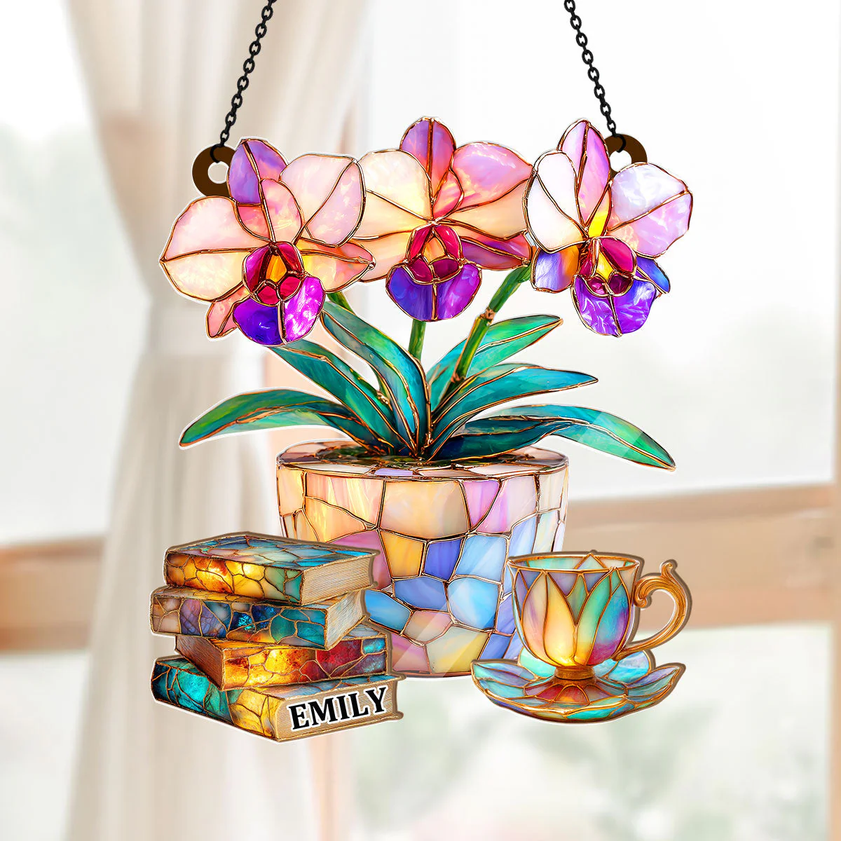 Orchid, Books, And Tea - Personalized Window Hanging Suncatcher - Gift For Her, Readers HH01 - Image 5