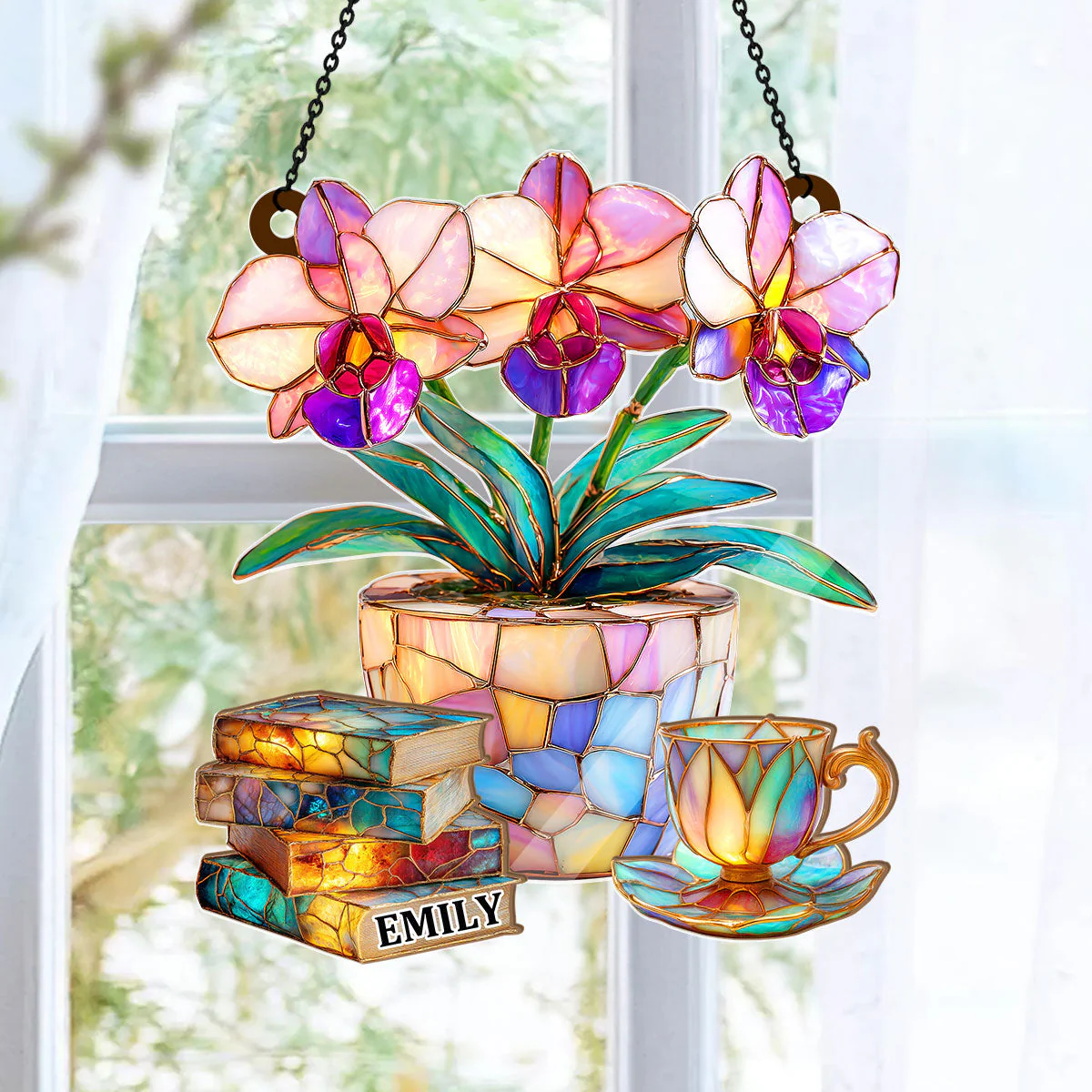 Orchid, Books, And Tea - Personalized Window Hanging Suncatcher - Gift For Her, Readers HH01 - Image 6
